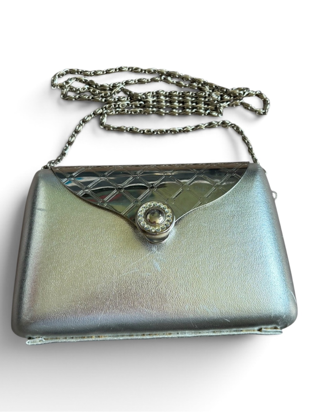 Vintage Sasha Silver Metallic Clutch w/ Crystal Accent & Optional Chain